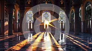 Sunlight Filtering Through Stained Glass in Islamic Mosque