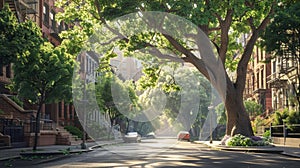 Sunlight Filtering Through Trees on a Quiet City Street