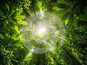 Sunlight filtering through tropical forest canopy