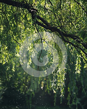 Sunlight filtering through willow branches with floating pollen