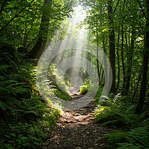 Sunlight filters through the dense canopy of a lush, green forest, illuminating a narrow, photo