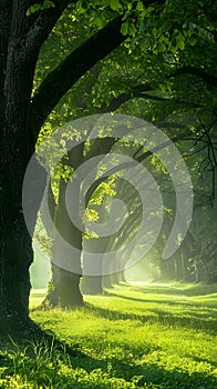 Sunlight filters through green trees in a natural landscape