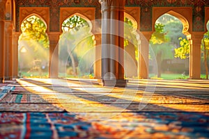 Sunlight filters through the ornate archways of tranquil mosque photo