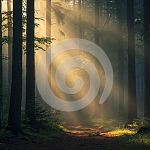 Sunlight filters through tall, dense trees in a tranquil forest, creating beams of golden photo
