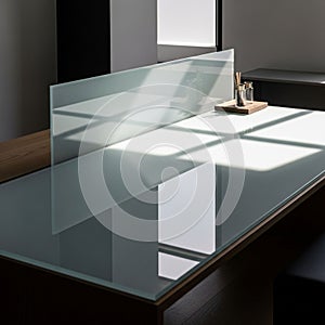 Sunlight filters through a window, casting geometric shadows on the surface