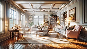 Sunlight filters through the windows of a cozy living room with elegant furnishings and a warm ambiance