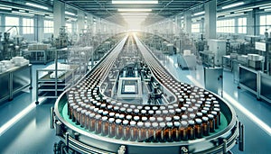 Sunlight floods a modern pharmaceutical manufacturing plant with rows of medicine bottles.
