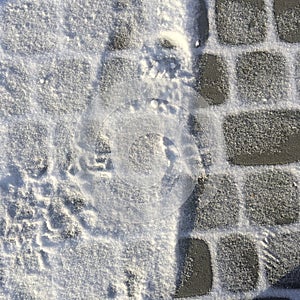 Sunlight fresh snow on the ectangle pavement