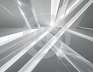 Sunlight Through Geometric Windows Creates Abstract Patterns on White Floor