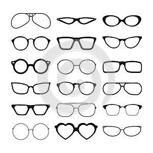 Sunlight glasses. Fashioned glasses black plastic frames retro models sun protection cool eye vision vector silhouettes