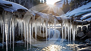 Sunlight gleaming across icicles hanging beside flowing mountain spring