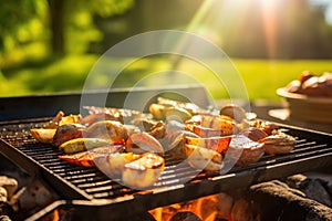 sunlight glinting off the edges of grilling clams on a barbecue