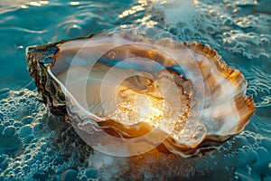 Sunlight Glistening on Sea Shell Floating in Crystal Clear Blue Ocean Waters at Sunset
