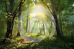 Sunlight in the green forest, spring time, 3d render