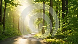 Sunlight in the green forest, spring time. Beautiful nature background, AI Generated