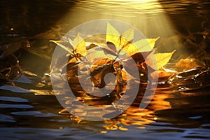 sunlight highlighting tea leaf textures in water