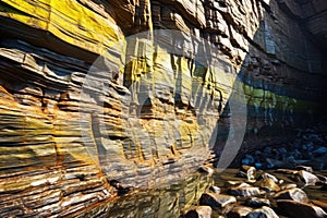 sunlight highlighting vivid striations in a rock wall