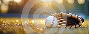 Sunlight illuminates a baseball glove and ball on the field. Sports equipment at dusk. Panorama with copy space.