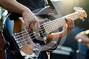 Sunlight illuminates bass players hands creating melodious tunes on glossy instrument photo