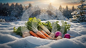 Fresh Winter Vegetables on Snow: A Vibrant Harvest Scene