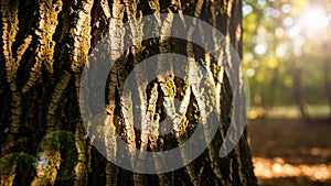 Sunlight illuminates the textured bark of a tree in the forest