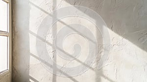 Sunlight illuminating white textured wall through window frame, creating an abstract pattern of light and shadow