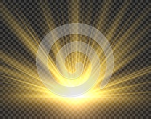 Sunlight isolated. Golden sun rays radiance. Yellow bright spotlight transparent sunshine starburst vector illustration