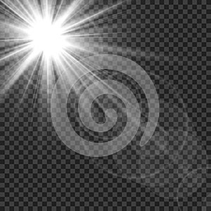 Sunlight isolated. Sun rays light lens flare glare. White transparent sunshine starburst vector illustration