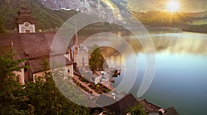 Sunlight in the morning at Hallstatt mountain village in the Austrian Alps at beautiful light in summer, Salzkammergut region,