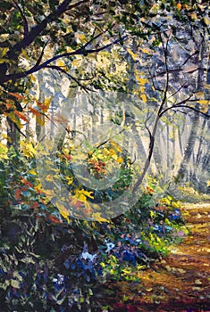 Sunlight park alley forest rural landscape Original artistic modern impressionism art