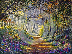 Sunlight park alley forest rural landscape Original artistic modern impressionism painting