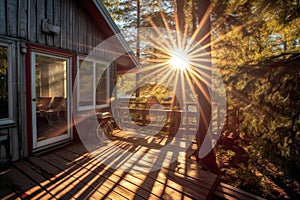 sunlight peeking through trees onto cabin deck