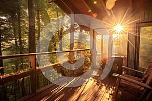 sunlight peeking through trees onto cabin deck