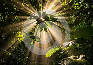 Sunlight pierces through dense foliage in