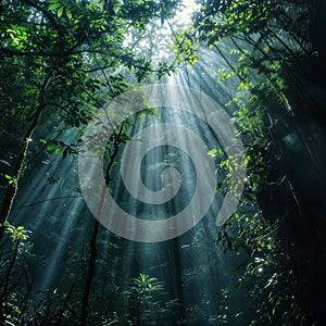 Sunlight piercing through a lush green forest canopy, creating a mystical atmosphere