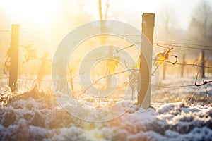 sunlight piercing through mist in a winter vineyard