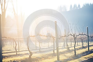 sunlight piercing through mist in a winter vineyard