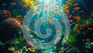 Sunlight Piercing Through Water in an Aquatic Scene with Vibrant Orange Fish