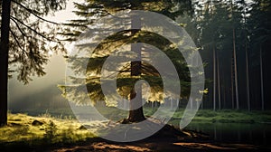 sunlight pine tree in a forrest