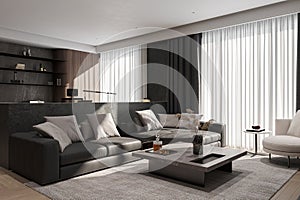 Sunlight plays in the smart living room from a large window, 3D rendering