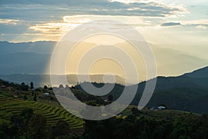 Sunlight ray shining on beautiful rice terraces