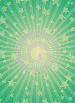 Sunlight rays background. Green and gold color burst background with shining stars