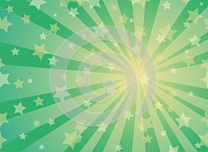 Sunlight rays background. Green and gold color burst background with shining stars