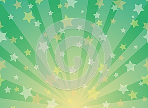 Sunlight rays background. Green and gold color burst background with shining stars