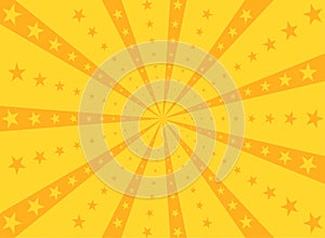 Sunlight rays background. Orange color burst background with shining stars