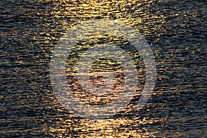 Sunlight reflecting off calm sea water at sunrise. Abstract text