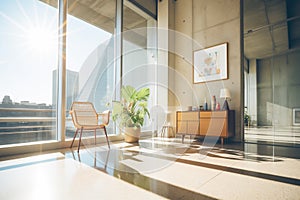 sunlight reflecting off glass highrise with concrete base