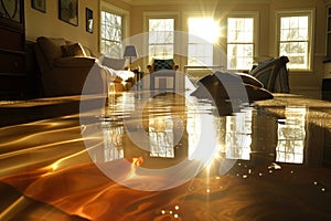 sunlight reflecting on water in a flooded living room