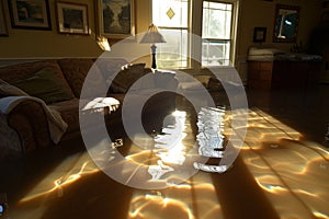 sunlight reflecting on water in a flooded living room