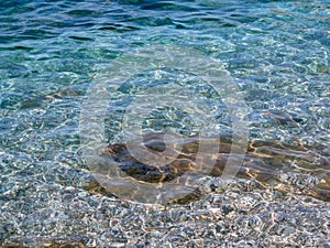 Sunlight reflects on a sea surface. Abstract water background. Clean transparent water backdrop. Textured water surface